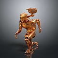 Golden Metallic Robot Running with Weapon Device on Back in Dynamic Pose