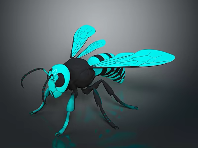 Stylized 3D Bee Model With Teal Wings And Black Striped Body 3d model