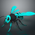 Stylized 3D Bee Model With Teal Wings And Black Striped Body
