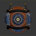 Futuristic Orange Blue Spherical Robot With Yellow Antennae And Central Circular Lens