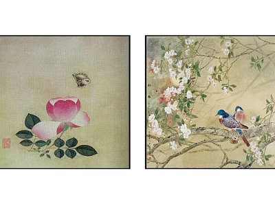 Botanical Paintings With Pink Flower Butterfly And White Blossom Branches Featuring Birds 3d model