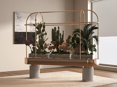 Golden Frame Plant Stand with Various Cacti and Plants and Marble Base in Modern Interior 3d model