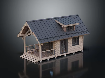 Log Cabin Exterior Design With Gray Metal Roof Porch And Wooden Windows 3d model