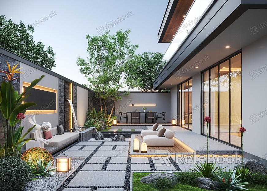 Modern courtyard landscape home courtyard villa courtyard landscape sketch landscape wall waterscape wall outdoor sofa model