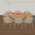 Outdoor Round Wooden Dining Table and Chairs Set Light Gray Wicker Back Under Large Umbrella