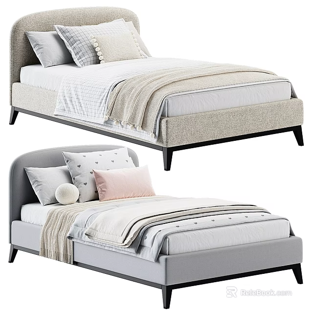 Modern Style Single Bed With Upholstered Headboard Decorative Pillows And Soft Blankets 3d model 