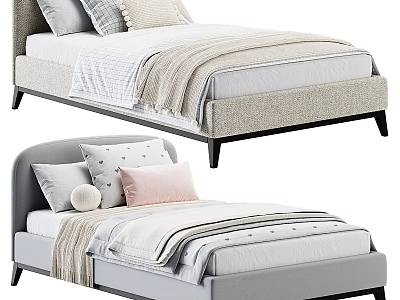Modern Style Single Bed With Upholstered Headboard Decorative Pillows And Soft Blankets 3d model