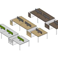 Multiple Wooden Office Desks With Green Partition Screens In Modern Workspace