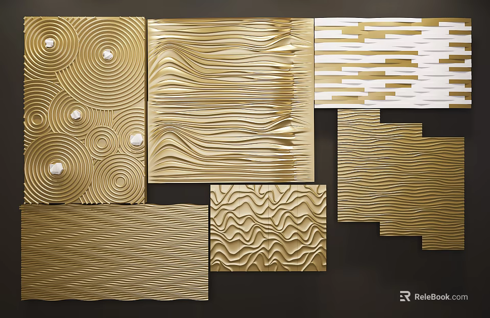 Golden Textured Decorative Wall Panels with Circular Wave and Striped Patterns 3d model