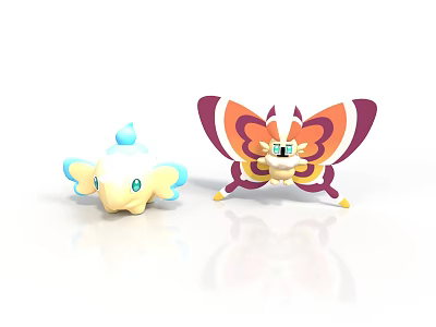 Cartoon Plant Dolls Featuring White Blue Dolphin And Purple Orange Butterfly Designs 3d model