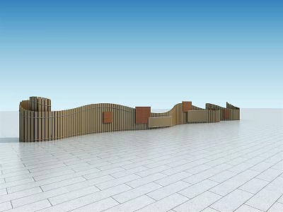 Modern Outdoor Feature Wall With Wavy Wooden Panels And Square Decorative Elements 3d model