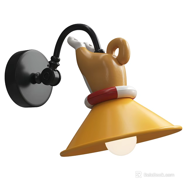 Dog Shaped Wall Lamp With Yellow Shade Red White Collar And Black Base 3d model 