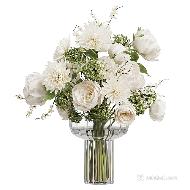 White Flowers in Transparent Glass Vase with Roses Dahlias and Green Foliage 3d model 