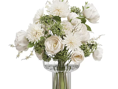 White Flowers in Transparent Glass Vase with Roses Dahlias and Green Foliage 3d model