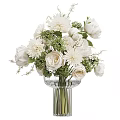 White Flowers in Transparent Glass Vase with Roses Dahlias and Green Foliage