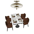 Modern Dining Table Set Featuring White Table Four Brown Chairs Overhead Pendant Light and Tableware 3d model