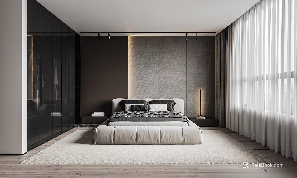 Modern Bedroom Interior Design With King Bed Nightstand Soft Rug And Curtains 3d model 