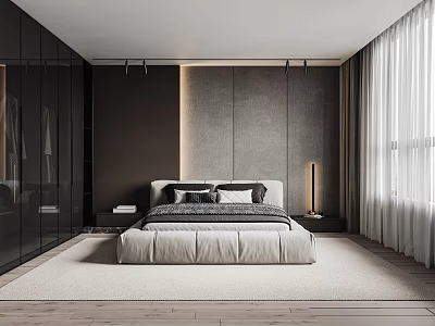 Modern Bedroom Interior Design With King Bed Nightstand Soft Rug And Curtains 3d model