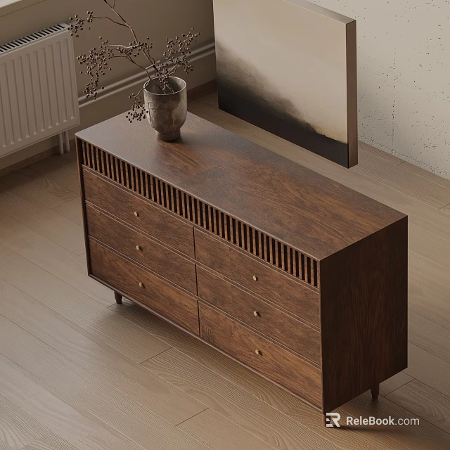 Modern Wooden Entryway Console Cabinet With Storage Drawers And Vase On Top 3d model 