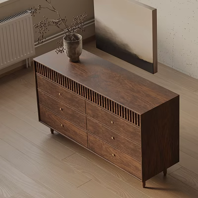 Modern Wooden Entryway Console Cabinet With Storage Drawers And Vase On Top 3d model