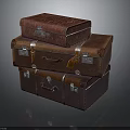 Vintage Leather Suitcases Stacked With Metal Hardware And Brown Exterior