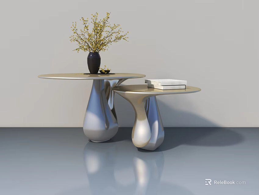 Modern Silver Sofa Coffee Table Set With Vase Plant And Books On Top 3d model 