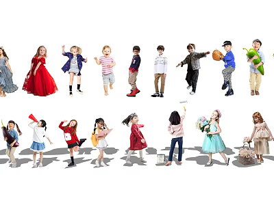 Group of Children with Different Costumes and Poses Holding Toys and Standing Together 3d model