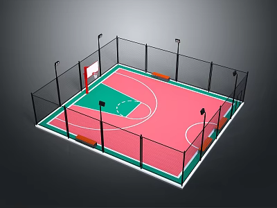 Fenced Outdoor Basketball Court With Green Pink Surface Lighting Poles And Hoop 3d model