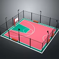 Fenced Outdoor Basketball Court With Green Pink Surface Lighting Poles And Hoop
