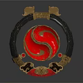 Decorative Ornament Set With Circular Black Ring Red Gold Yin Yang Pattern And Golden Decorations