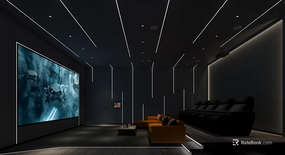 Modern Home Theater Interior Design With Large Screen Comfortable Seating And Ceiling Lighting 3d model