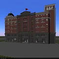 Red Brick School Building With Dome Tower Red Flag Green Trees And Lawn