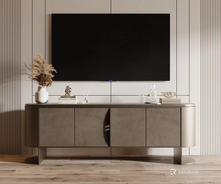 Modern Minimalist TV Stand with Large Screen TV Cabinet Doors and Decorative Items 3d model 