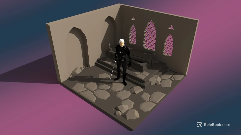 Cartoon Scene Of Old Church Interior With White Haired Character And Stone Floor 3d model 