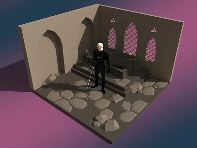 Cartoon Scene Of Old Church Interior With White Haired Character And Stone Floor 3d model