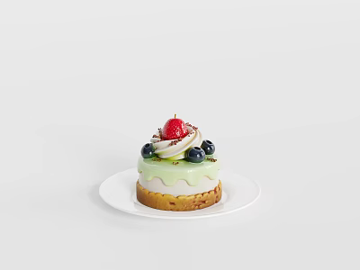Delicious Green Cream Cake Topped With Strawberries Blueberries And Banana Slices 3d model