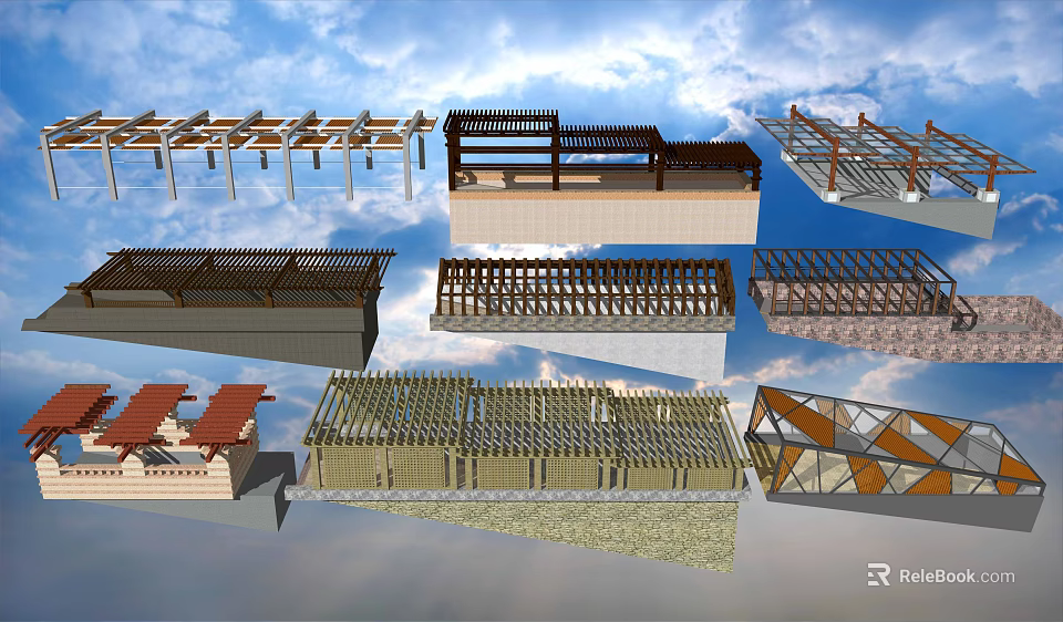 Diverse Architectural Structure Designs With Wooden Pergolas Metal Railings And Roof Frames 3d model 