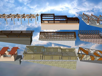 Diverse Architectural Structure Designs With Wooden Pergolas Metal Railings And Roof Frames 3d model