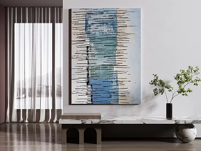 Modern Abstract Painting With Blue Tones Vertical Lines On Living Room Wall With Plant 3d model