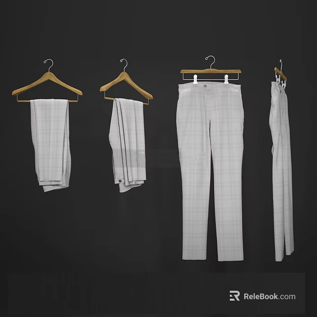 Four Wooden Hangers with Neatly Folded Plaid Pants on Dark Background 3d model 