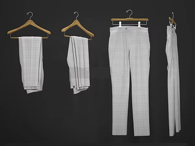 Four Wooden Hangers with Neatly Folded Plaid Pants on Dark Background 3d model