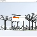 Bike Shelter With Curved Metal Roof And Multiple Support Posts For Parked Bicycles