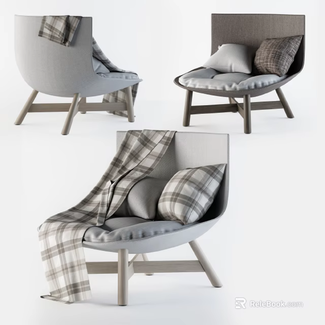 Modern Cozy Gray Accent Chair With Plaid Pillows And Wooden Legs Design 3d model 