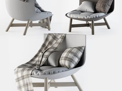 Modern Cozy Gray Accent Chair With Plaid Pillows And Wooden Legs Design 3d model