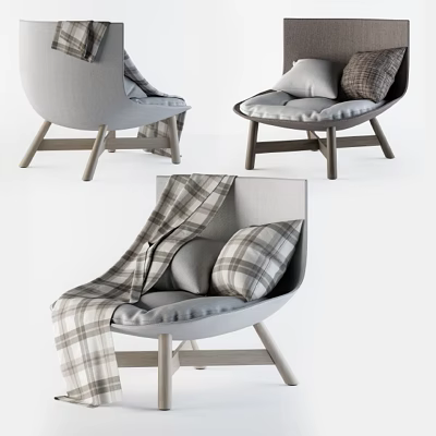 Modern Cozy Gray Accent Chair With Plaid Pillows And Wooden Legs Design 3d model