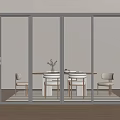 Modern Sliding Glass Doors For Bright Interior Dining Space With Wooden Table Chairs And Plant
