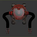 Red Robot Machinery With Tracked Base Black Mechanical Arms Transparent Dome And Hexagonal Logo