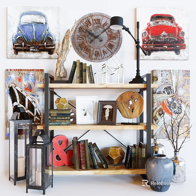 Stylish Decorative Cabinet with Books Vintage Car Posters Clock Table Lamp and Decorative Items 3d model 