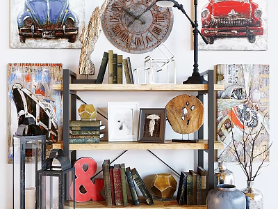 Stylish Decorative Cabinet with Books Vintage Car Posters Clock Table Lamp and Decorative Items 3d model