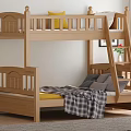 Wooden Bunk Bed Featuring Yellow Mattress Plaid Blanket Gray Pillows Ladder And Nightstand